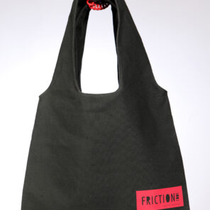 Dark green bag with red label